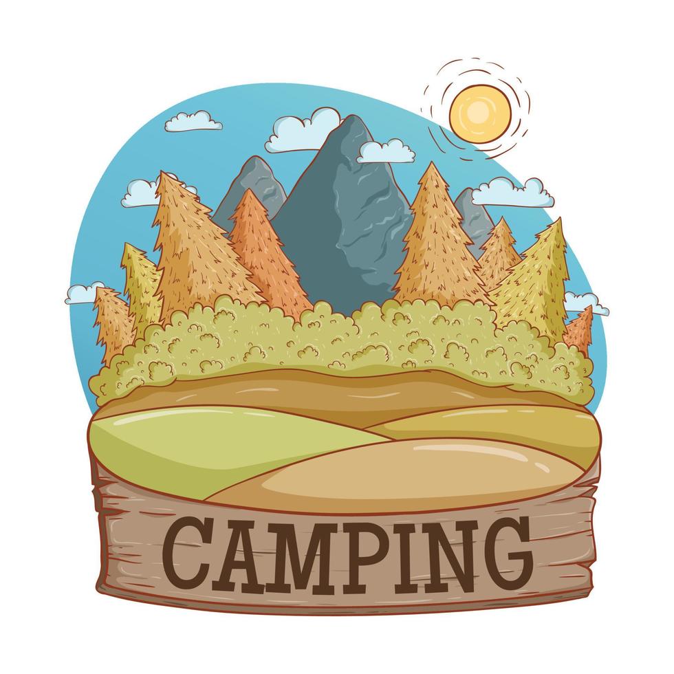camping landscape illustration with forest and mountain vector