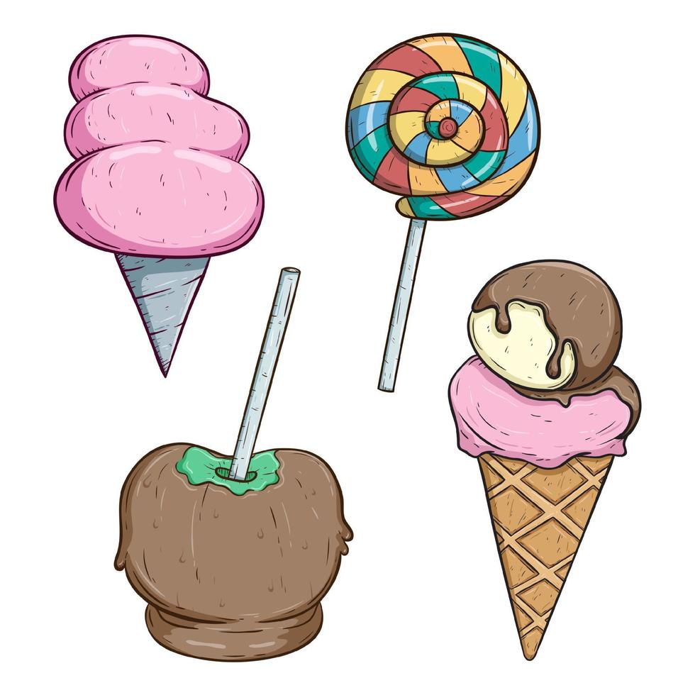 set of sweet food with candy, ice cream and apple candy vector
