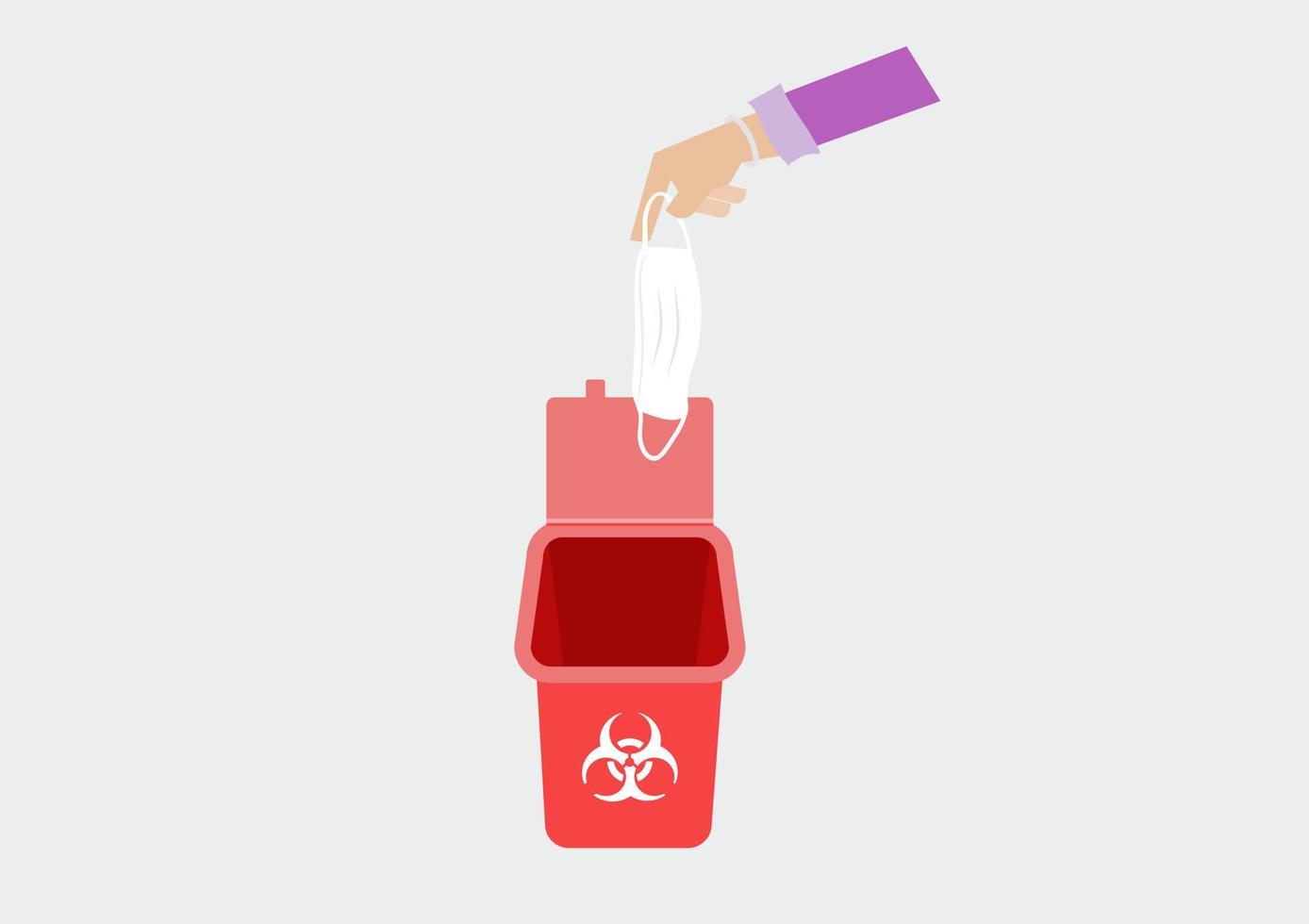 woman hand abandon medical face mask to infectious waste bin vector