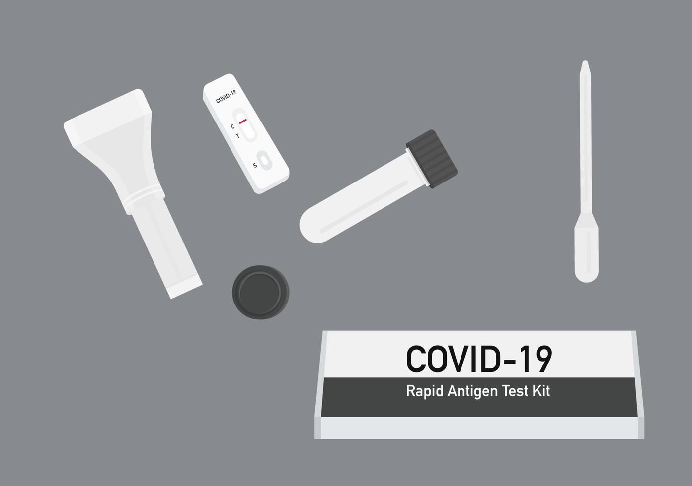 set of saliva Corona virus rapid antigen test kit vector set isolated on dark background