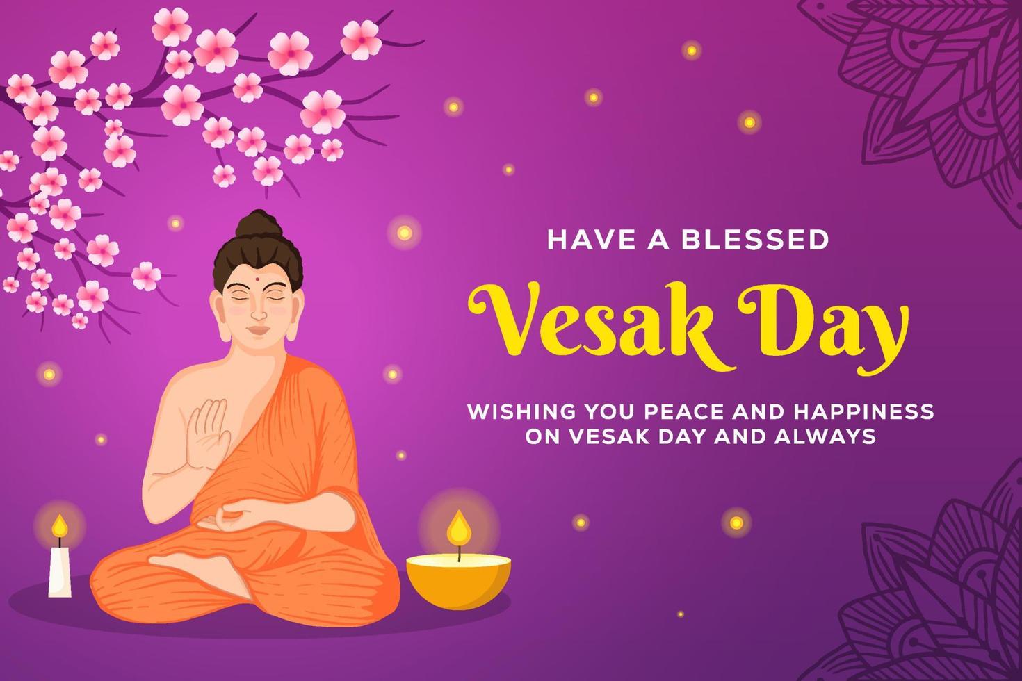 cartel de banner de fondo de ilustración de día de vesak con buda meditando a la sombra del árbol vector