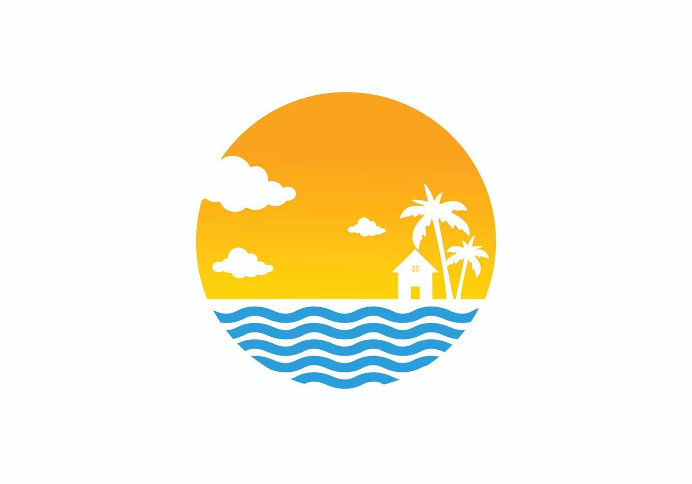 símbolo icono puesta de sol con palmera de árbol e inspiración para el diseño del logotipo del mar. vector