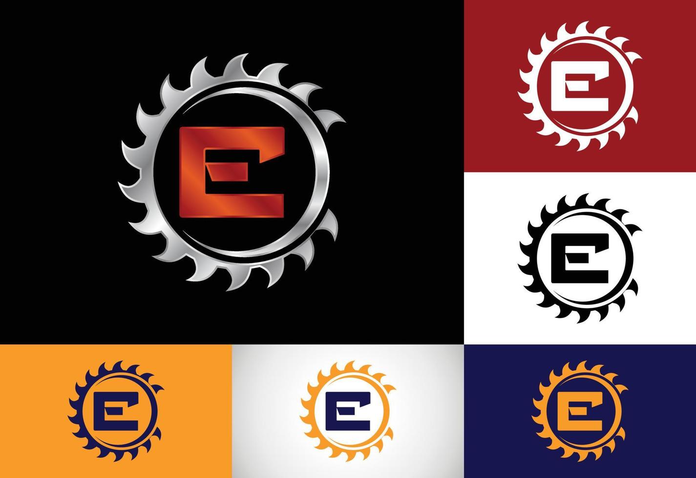 Initial E monogram alphabet with the saw blade. Carpentry, woodworking logo design. Font emblem. Modern vector logo for sawmill business and company identity