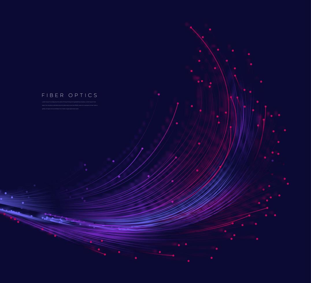 Abstract glowing fiber optics background element. Small particles strive out of center. vector illustration use for quantum technology, digital, science, music, communication.
