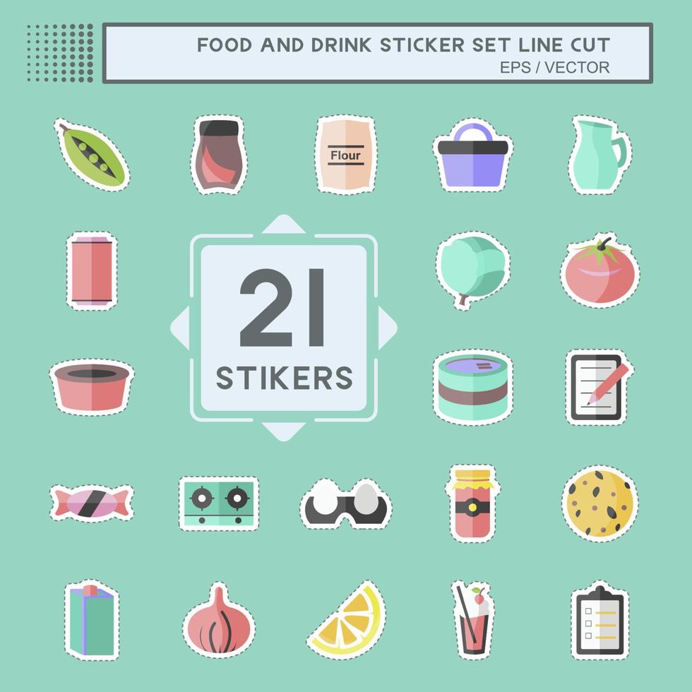 Food and Drink Sticker Set in trendy line cut isolated on blue background vector