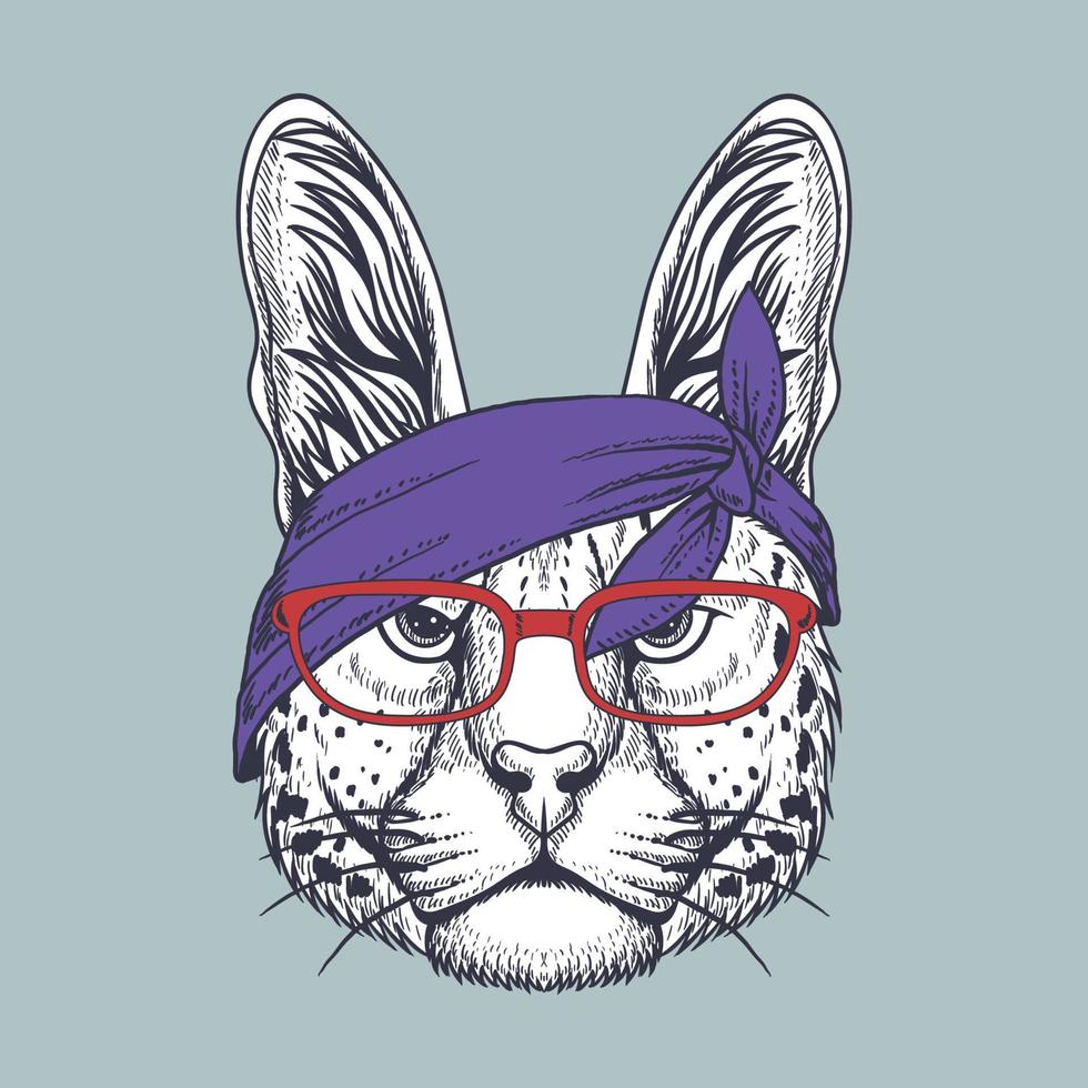 Serval cat hand drawn wearing a Red glasses and bandana vector