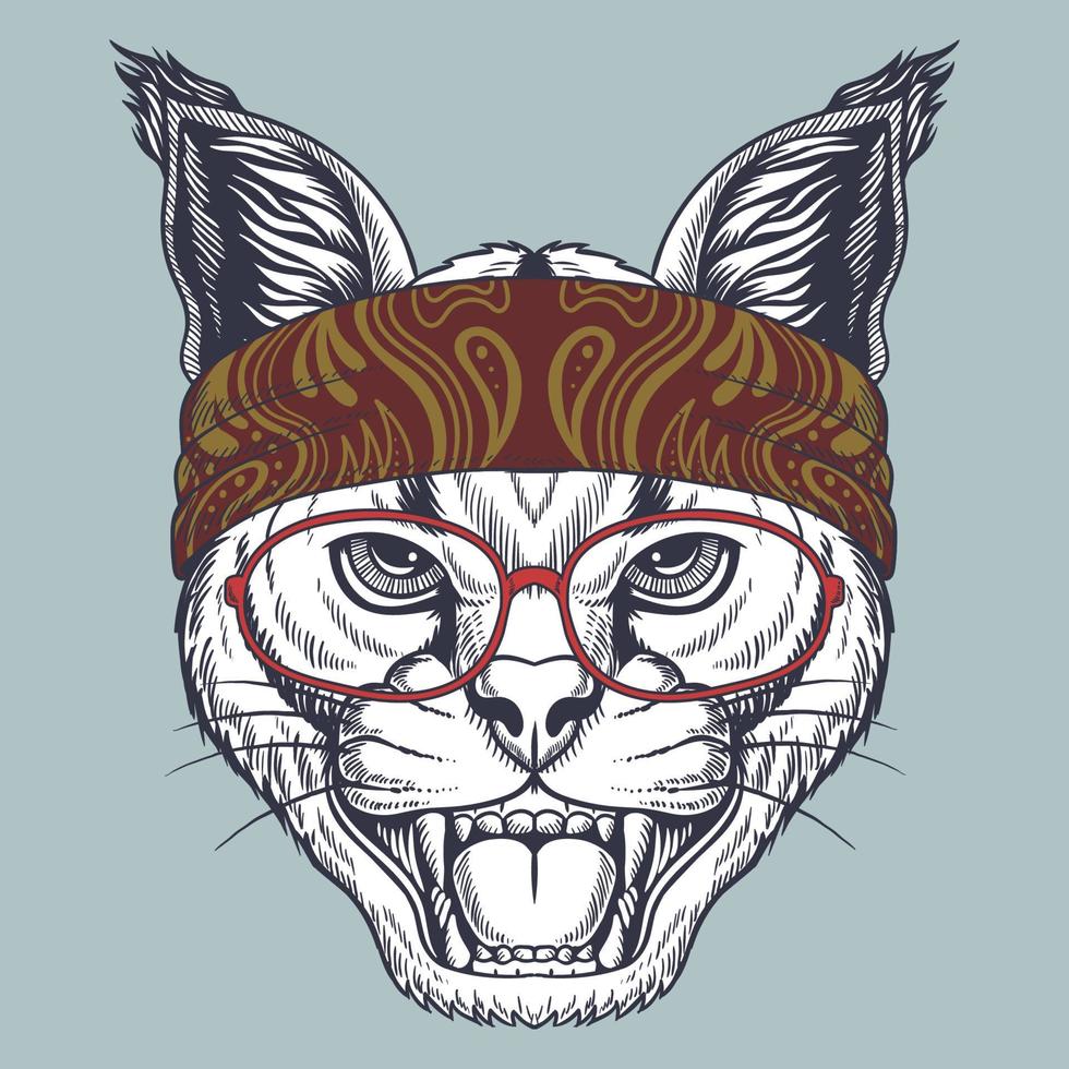 Caracal wild cat hand drawn wearing a red glasses and bandana vector