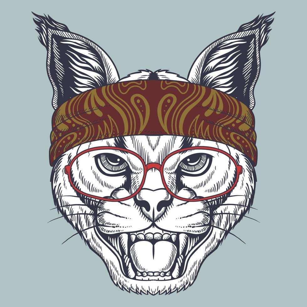 gato salvaje caracal dibujado a mano con gafas rojas y pañuelo vector