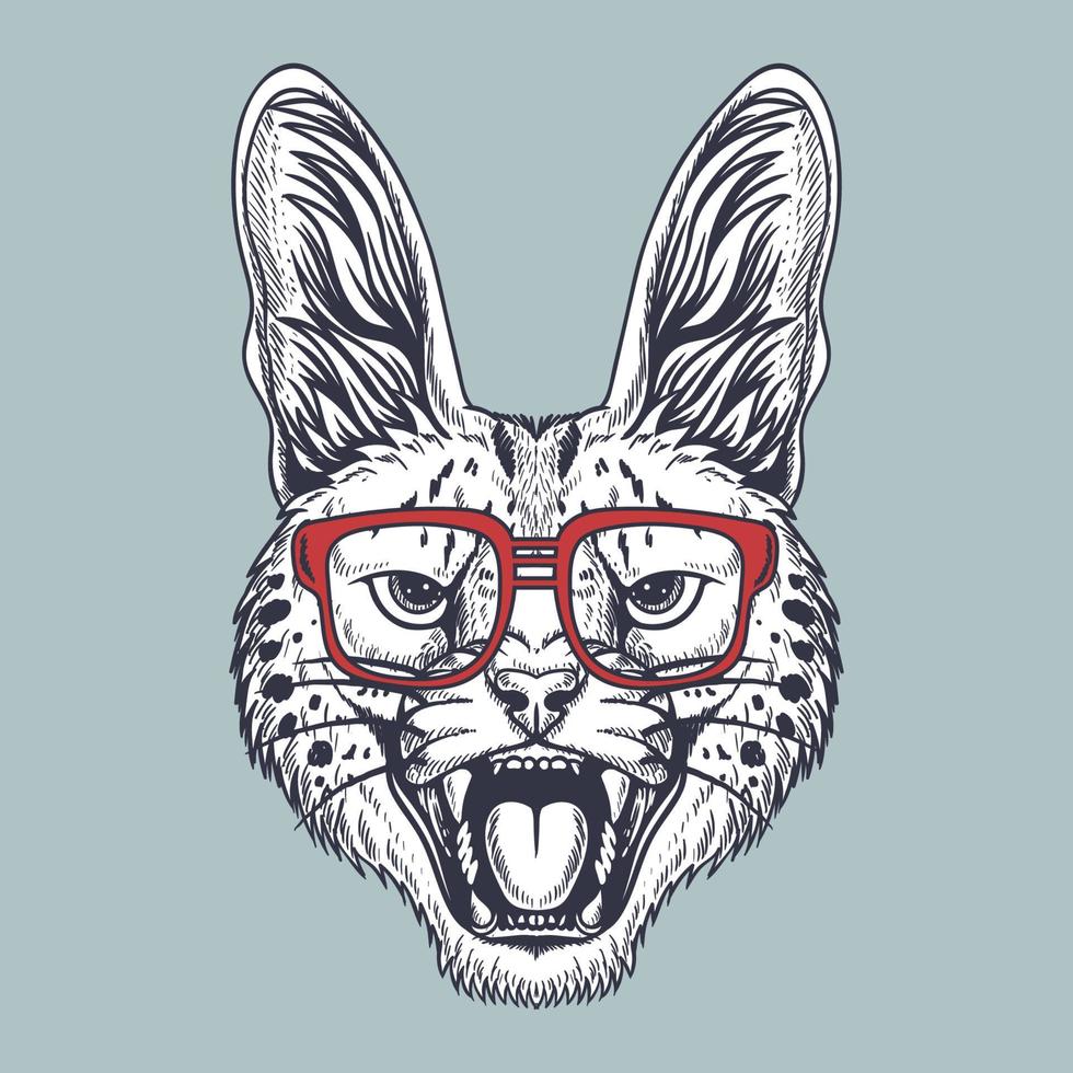 Serval angry hand drawn wearing a glasses vector