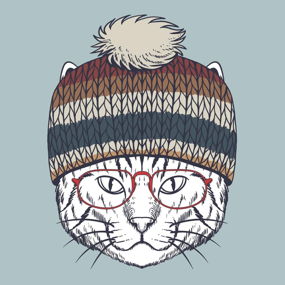 Cat hand drawn wearing a red glasses and beanie vector