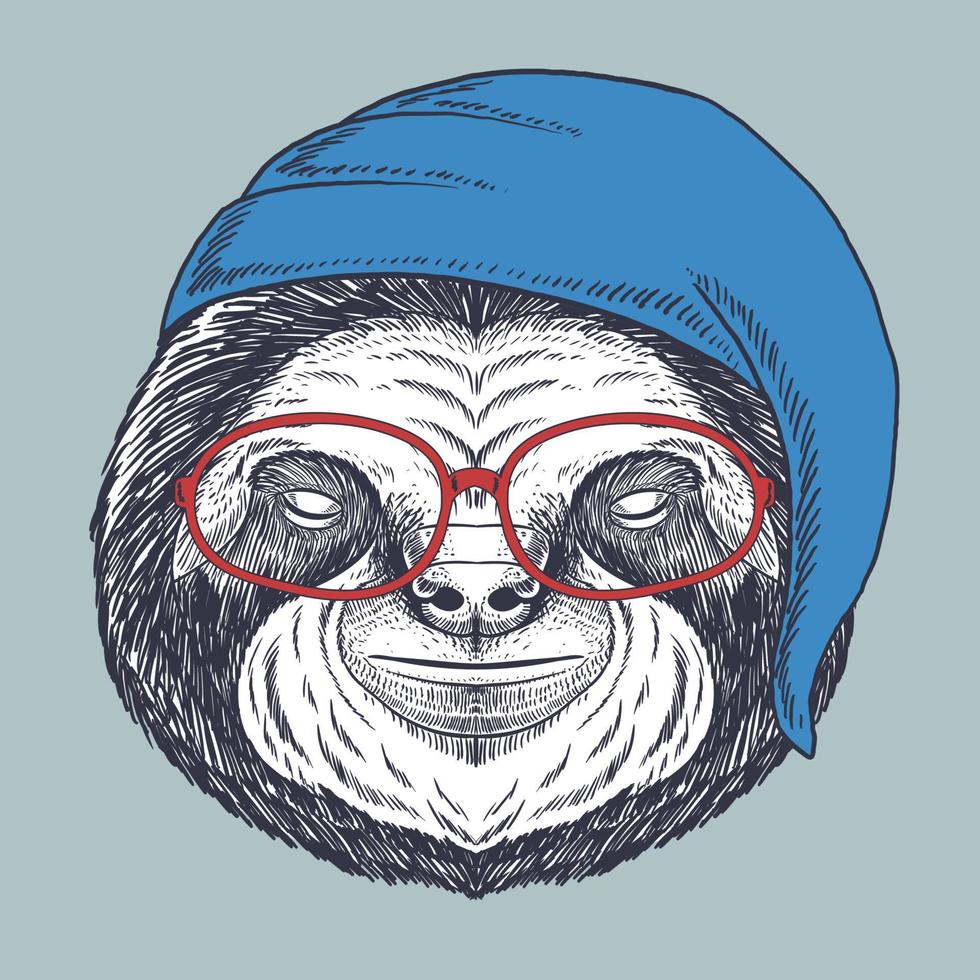 Sloth sleeping hand drawn wearing a red glasses and sleeping hat vector