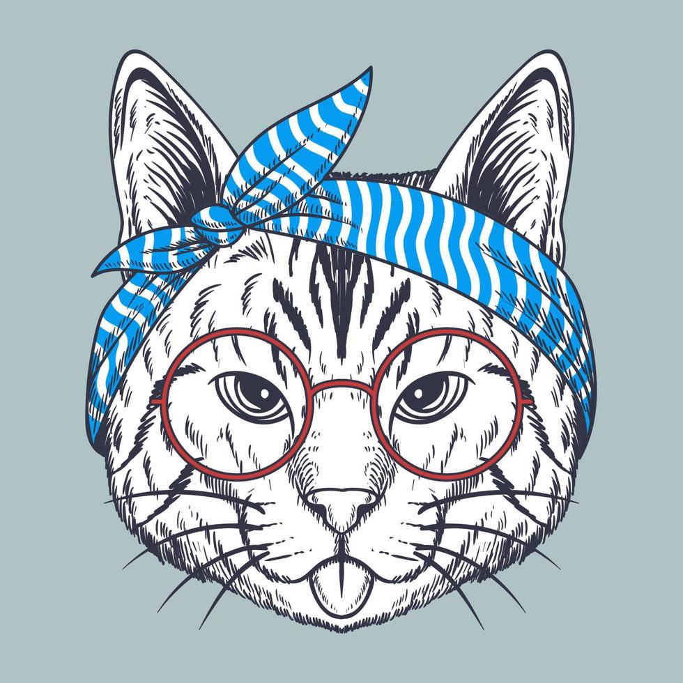 gato dibujado a mano con gafas rojas y pañuelo vector