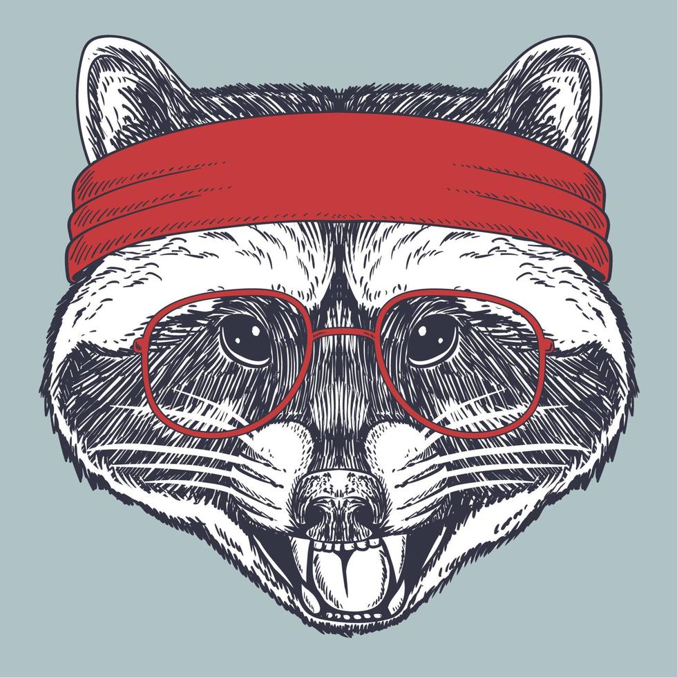 mapache dibujado a mano con gafas rojas y pañuelo rojo vector