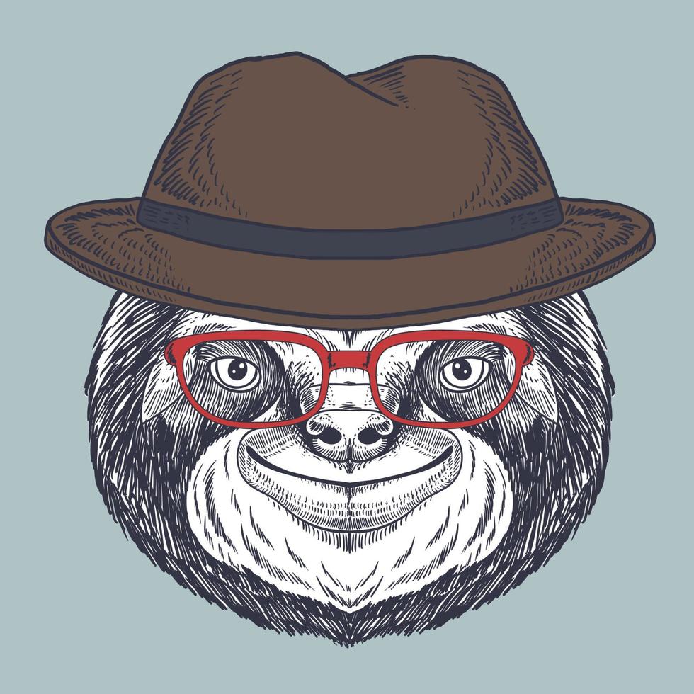 Sloth smile hand drawn wearing a red glasses and hat vector