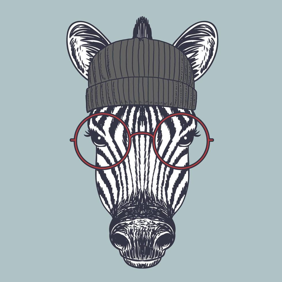 Zebra smile hand drawn wearing a red glasses and beanie vector