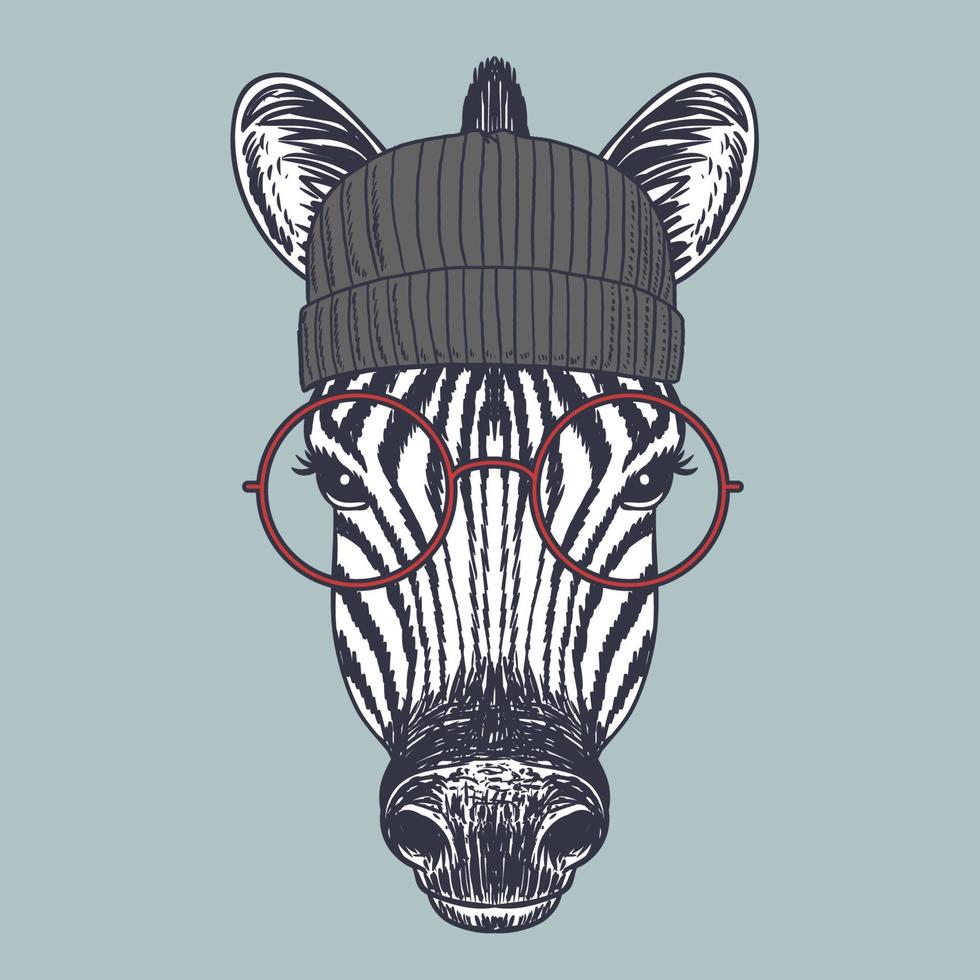 Zebra smile hand drawn wearing a red glasses and beanie vector