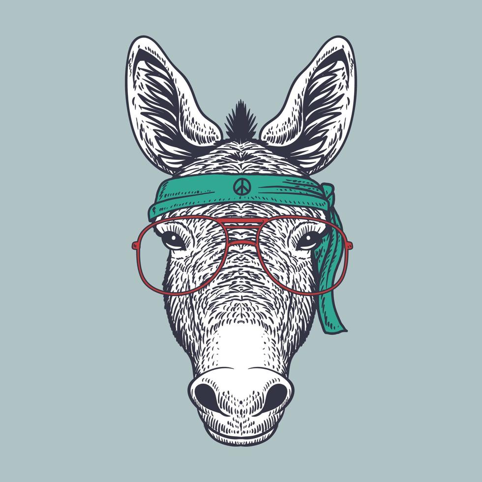 Donkey hand drawn wearing a red glasses and bandana peace vector