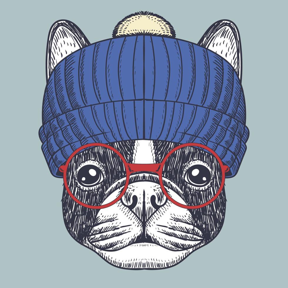 bulldog francés con gafas rojas y gorro vector