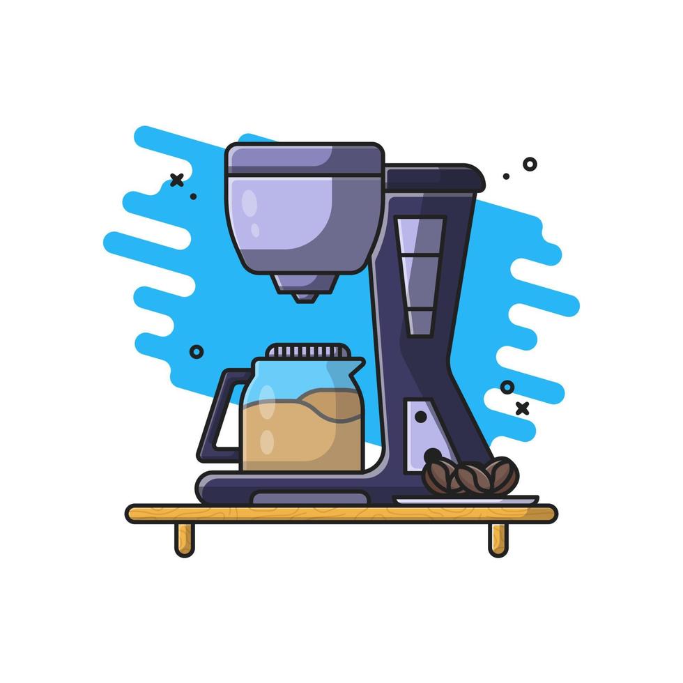 Coffeemaker and Coffee Beans with Glass Vector Icon Illustrations