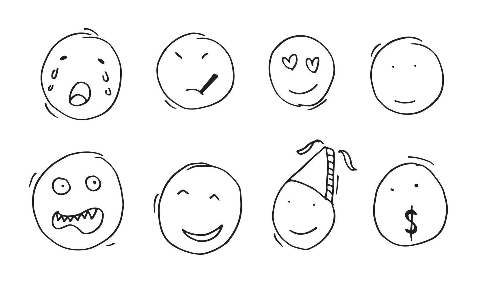 Hand drawn emoticon set, vector on white background.