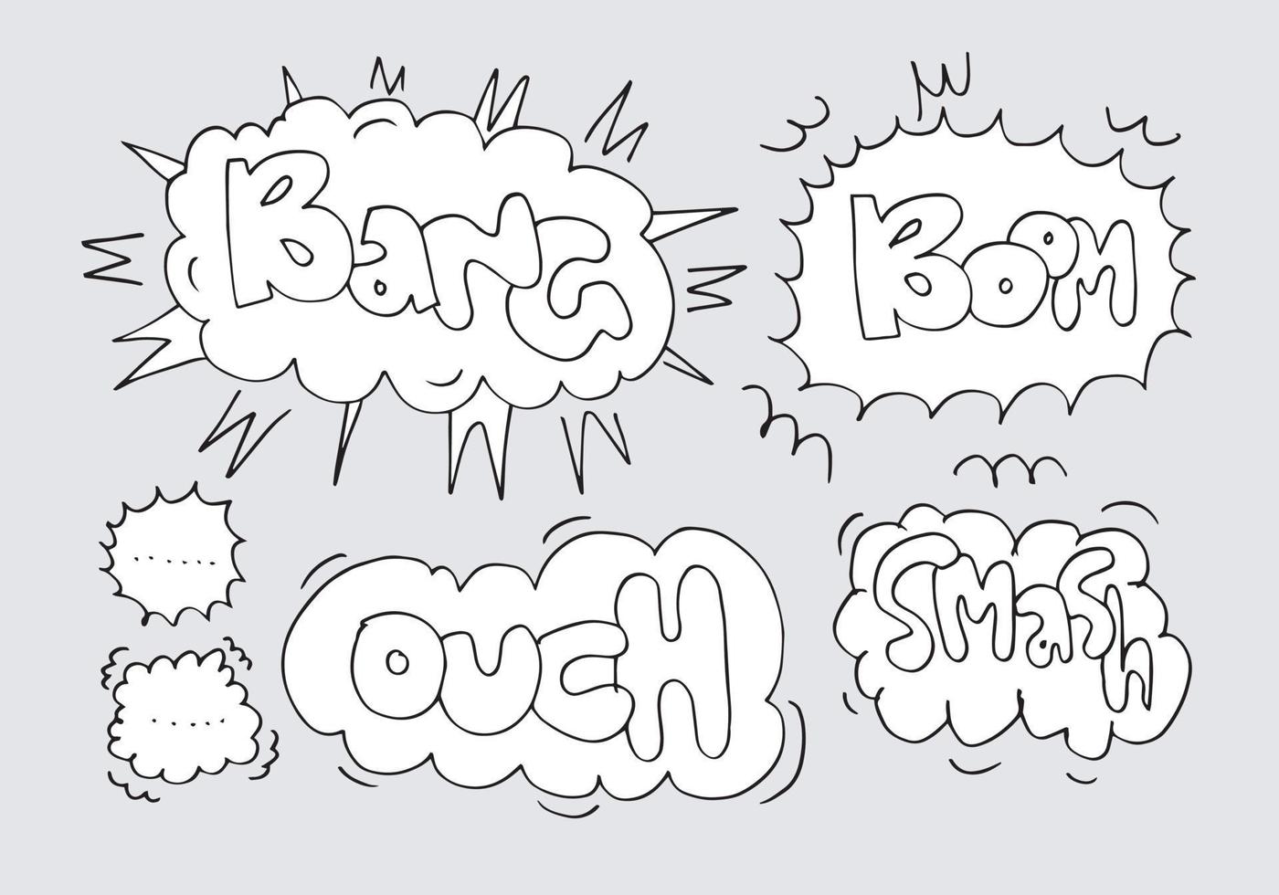 conjunto de burbujas de habla dibujadas a mano con textbang escrito a mano, boom, ay, smash. vector