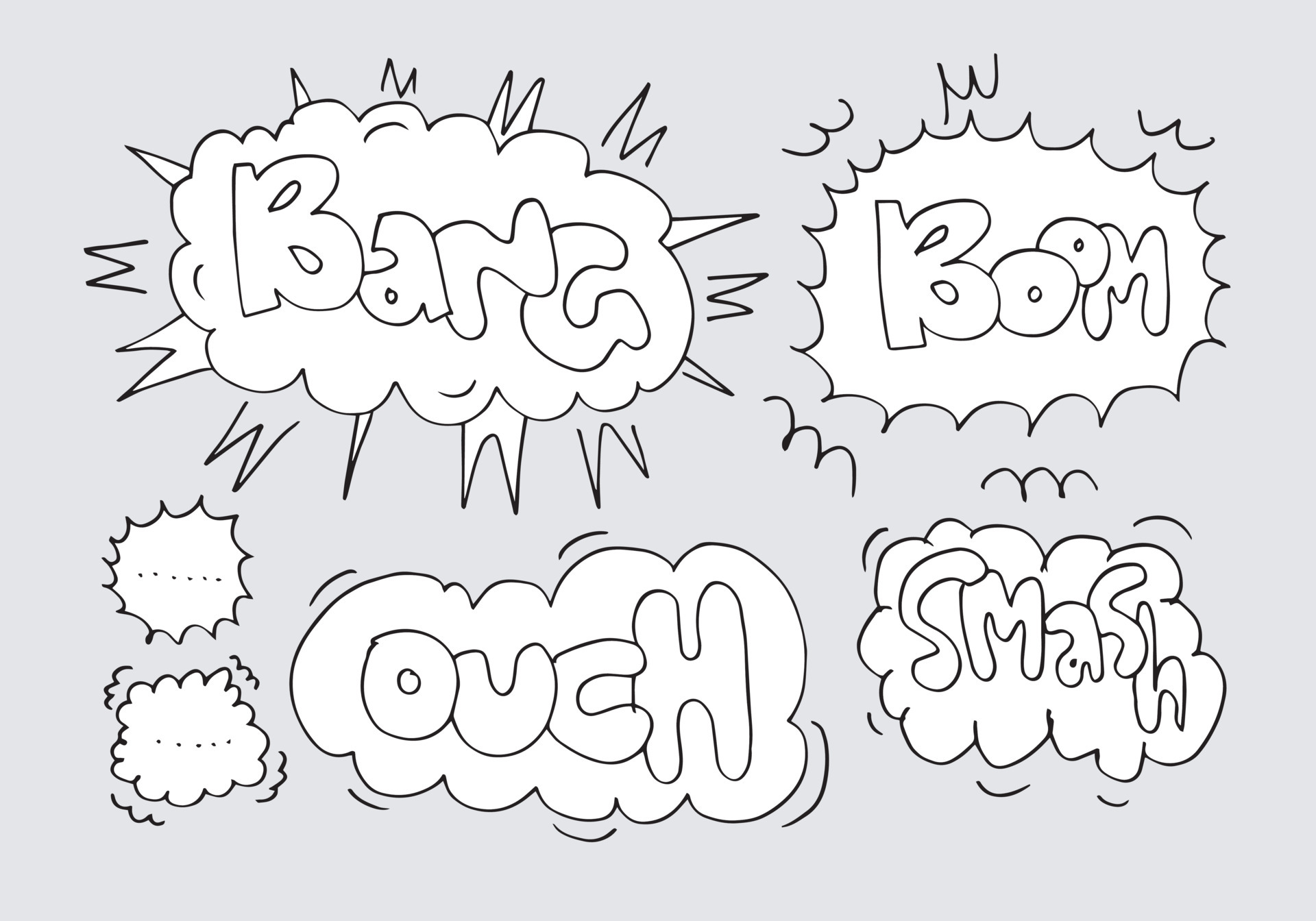 Hand drawn set of speech bubbles with handwritten textbang,boom,ouch
