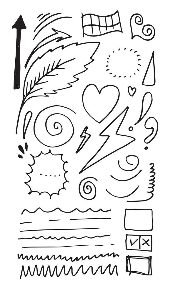 hand drawn set elements, black on white background. arrow,heart, light, flag, emphasis, vortex,exclamation mark, question mark, leaf, straight line, speech bubble, for concept design. vector
