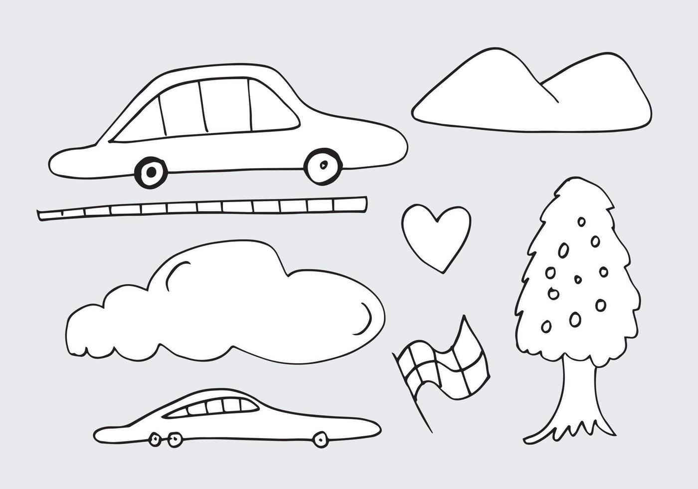 Cartoon Transportation Background for Kids with doodle Toy Cars and Nature with Hills and Trees. vector