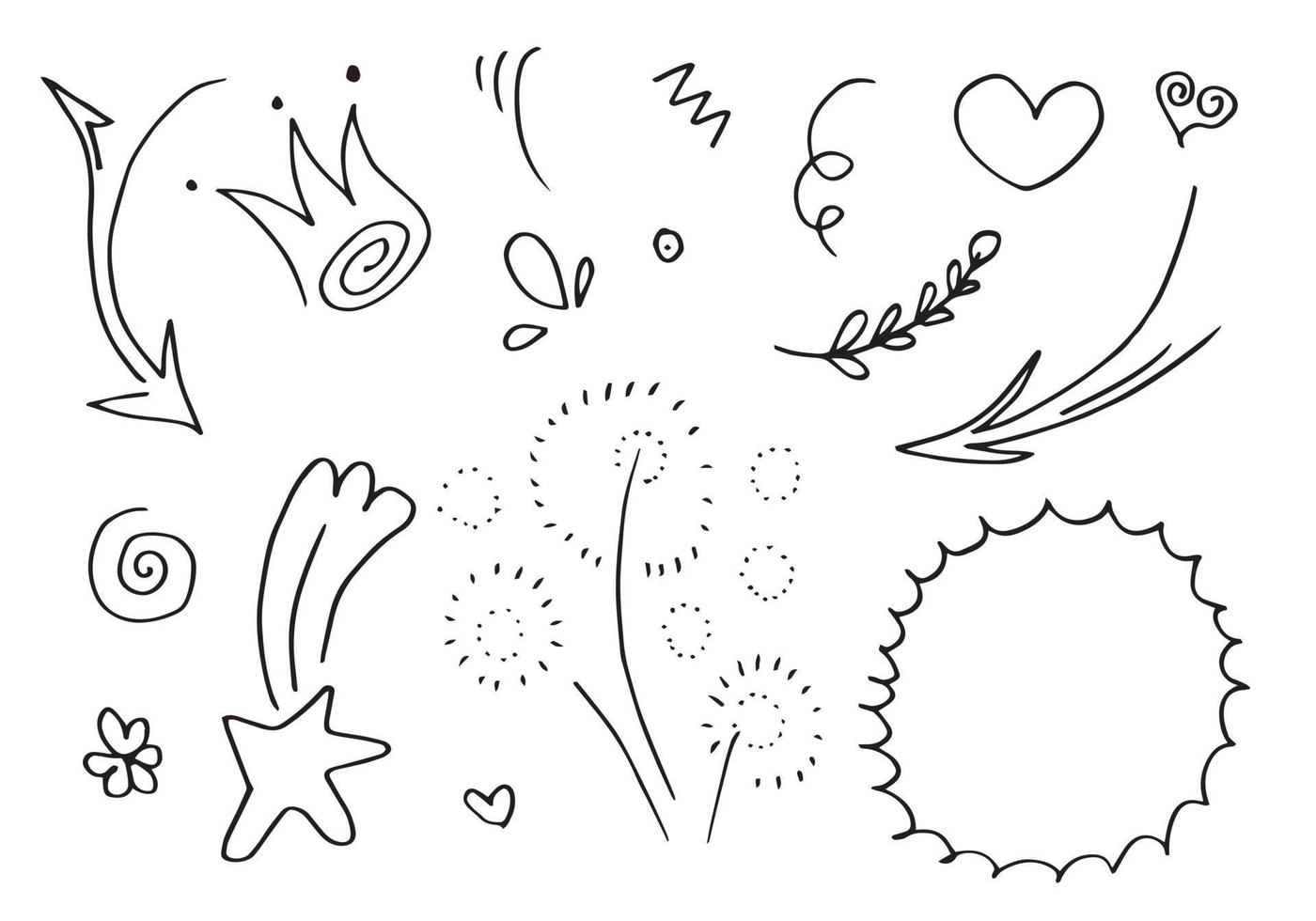 hand drawn set element,black on white background.arrow,heart,light,king,emphasis,leaf,star,swirl,for concept design. vector