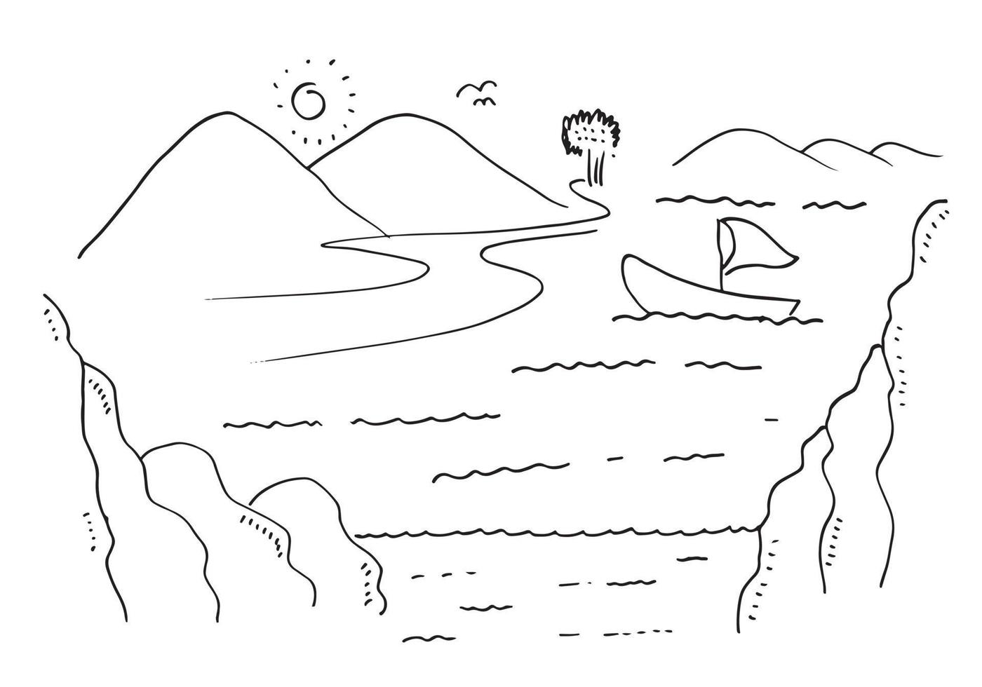 Hand drawn sketch of mountains with sun, boat and sea vector illustration.