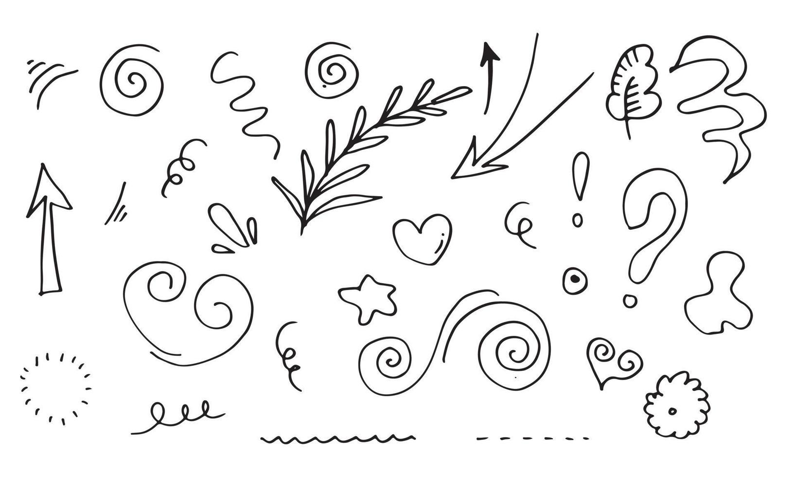 leaves, hearts, abstract, ribbons, arrows and other elements in hand drawn styles for concept designs. Doodle illustration. Vector template for decoration