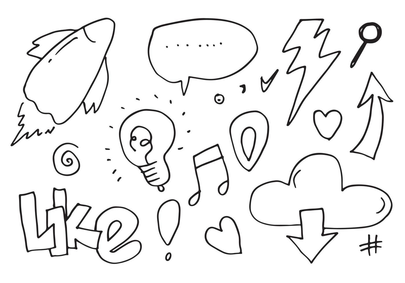 Vector social media scribbles such as rockets, likes, hearts, arrows, speech bubbles and other elements
