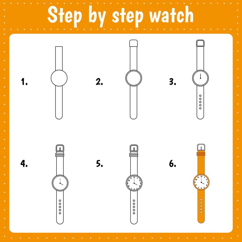 Drawing lesson for children. How draw a wrist watch. vector