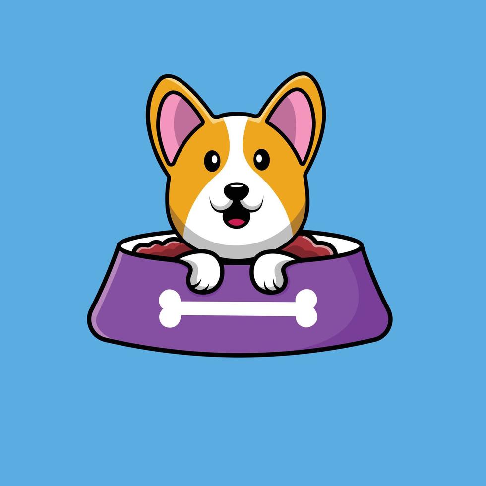 Cute Corgi Dog On Food Bowl Cartoon Vector Icon Illustration. Animal Icon Concept Isolated Premium Vector. Flat Cartoon Style