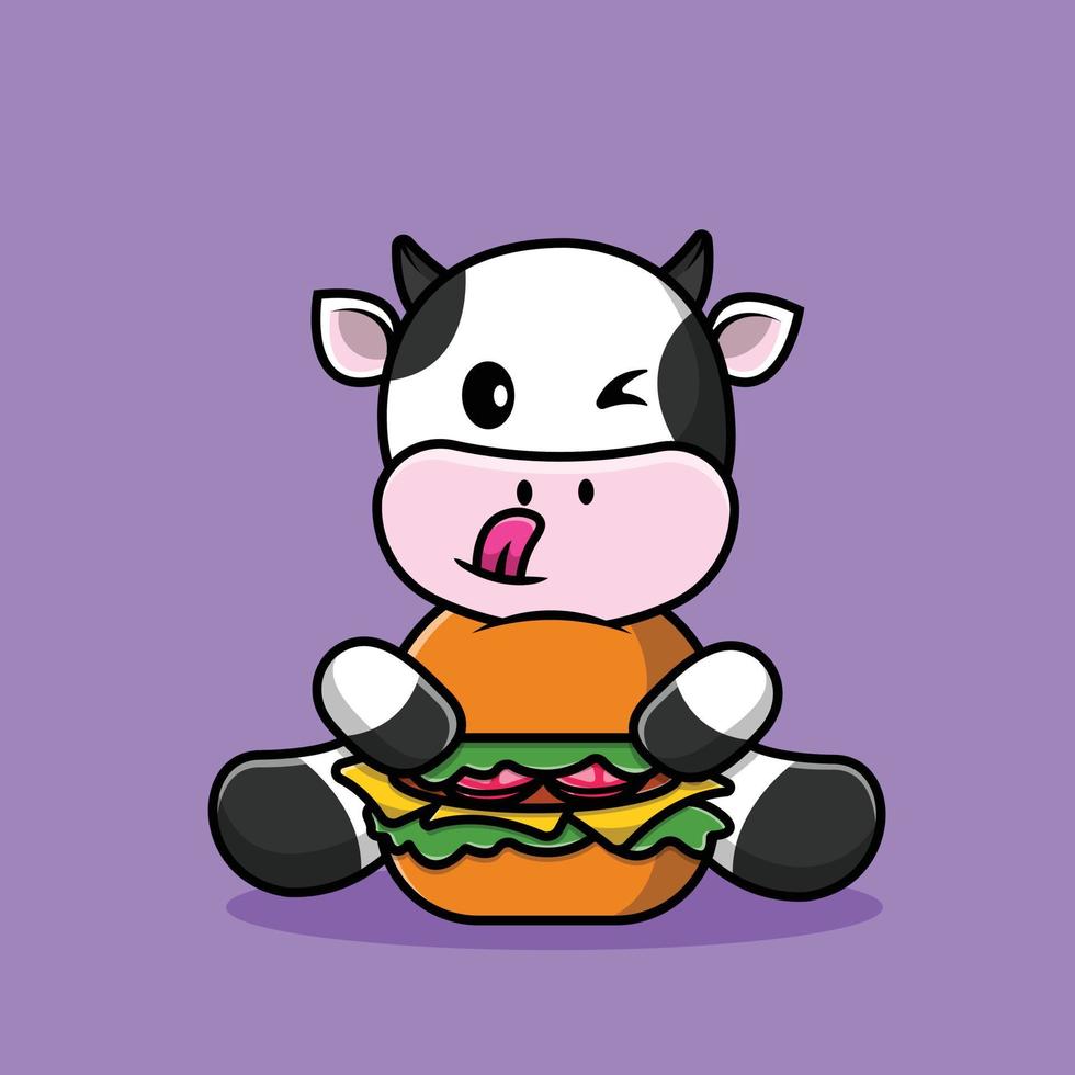 Cute Cow Hugging Burger Cartoon Vector Icon Illustration. Animal Food Icon Concept Isolated Premium Vector. Flat Cartoon Style