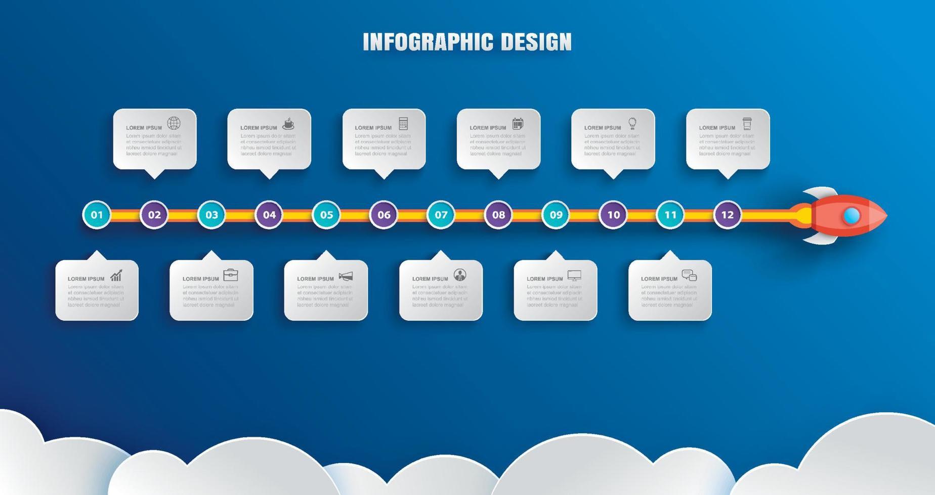 infografías de inicio con 12 plantillas de datos. ilustración vectorial arte de papel de cohete abstracto sobre fondo azul. puede usarse para planificación, estrategia, diseño de flujo de trabajo, paso comercial, banner, diseño web. vector