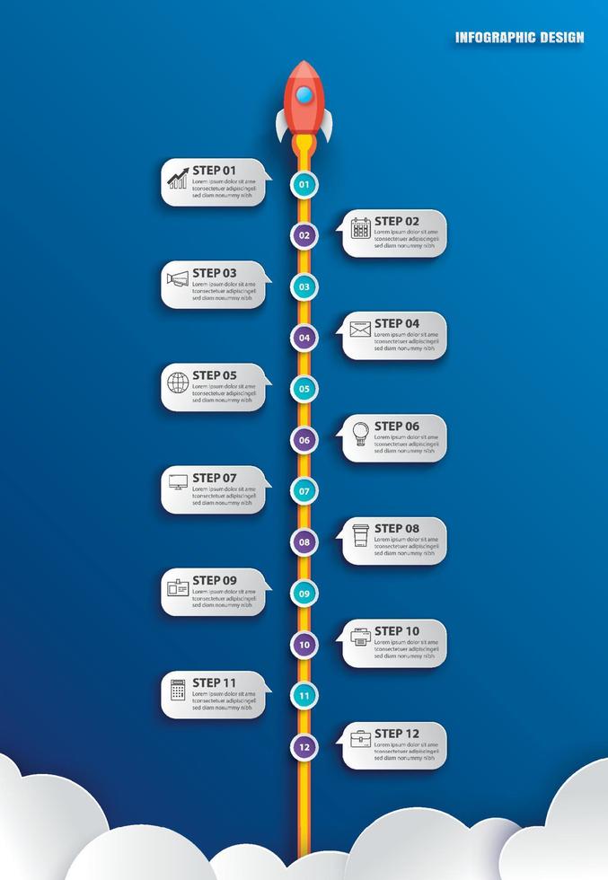 infografías de inicio con 12 plantillas de datos. ilustración vectorial  arte de papel de cohete abstracto