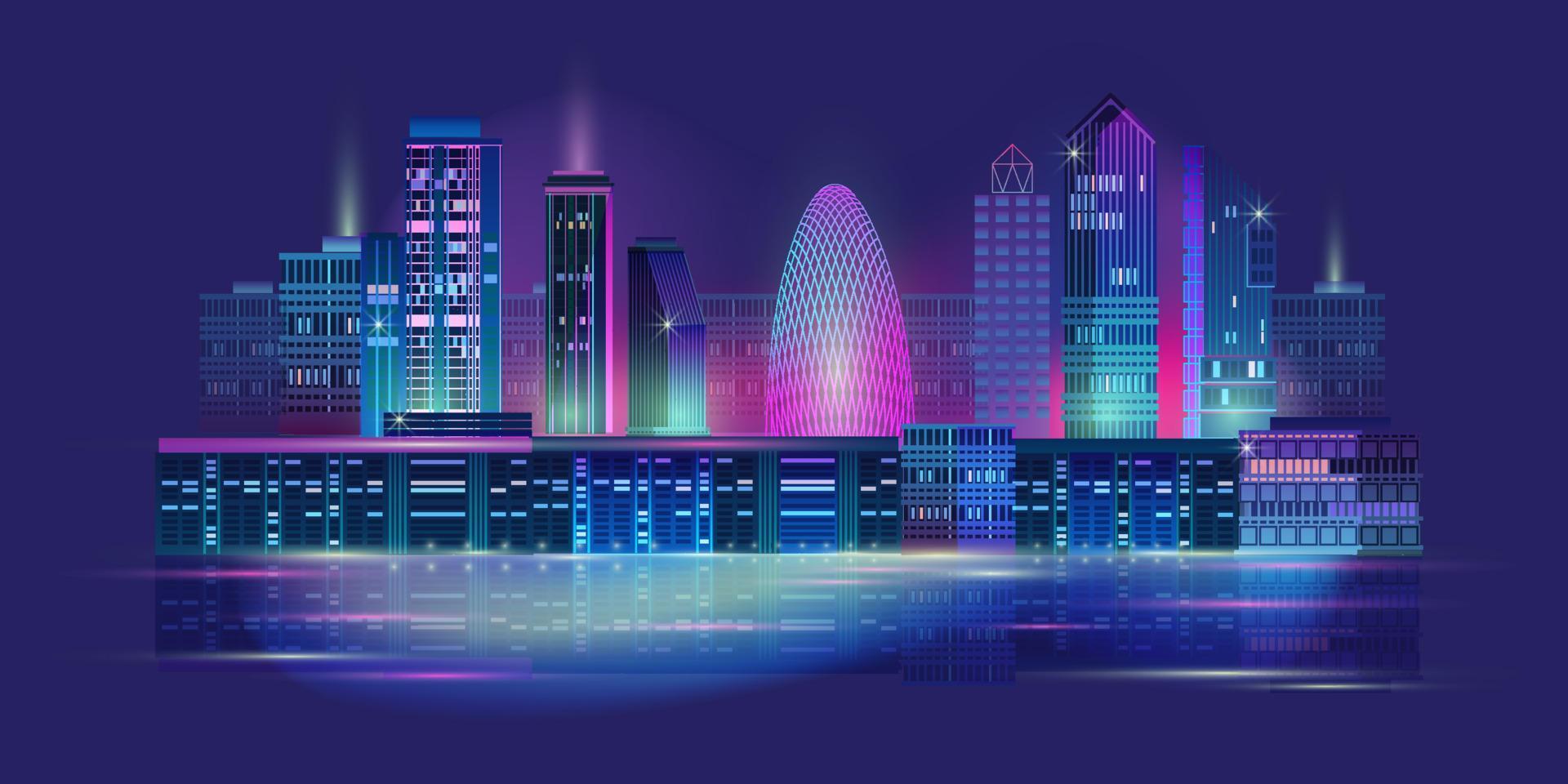 Night City Panorama with Neon Glow on Dark Background. Vector. vector