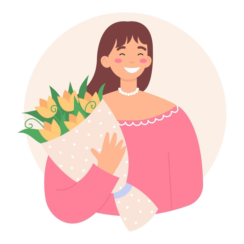 Woman holds bouquet of flowers and smiling. Congratulations on the Womens Day or birthday. Cute flat vector illustration isolated on white bachground