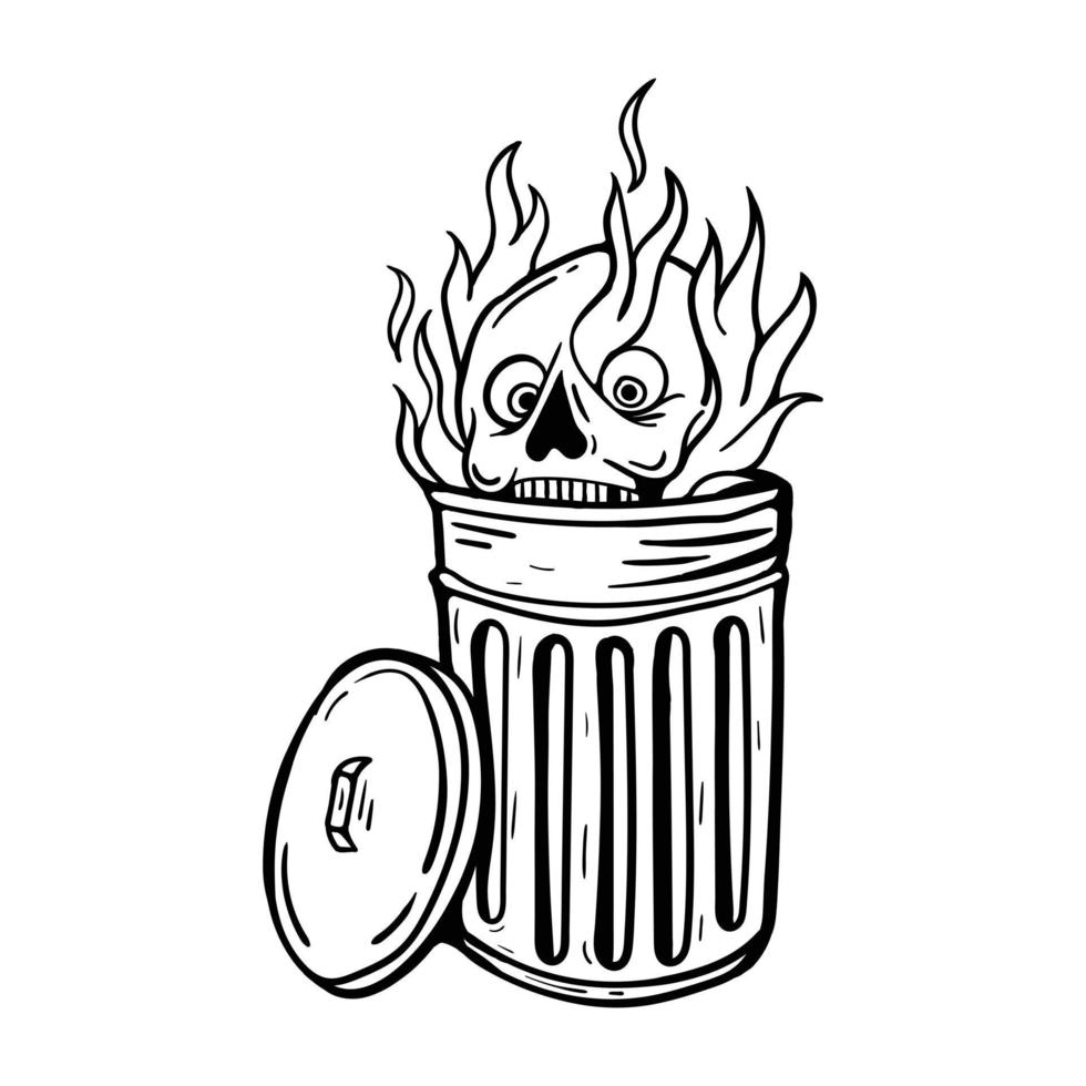 hand drawn fire skull in the trash can doodle illustration for tattoo stickers etc premium vector