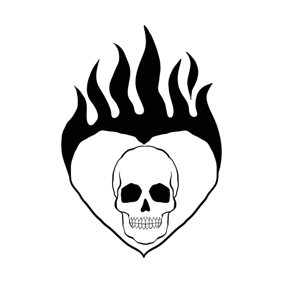 dibujado a mano cráneo corazón fuego garabato ilustración para pegatinas de tatuaje, etc. vector premium