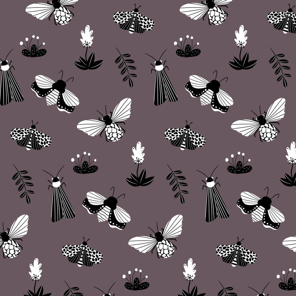 Seamless pattern with black and white butterflies, moths, dragonflies and botanical elements. Vector pattern in cartoon style. For clothing, fabric, wallpaper and all prints on a white background
