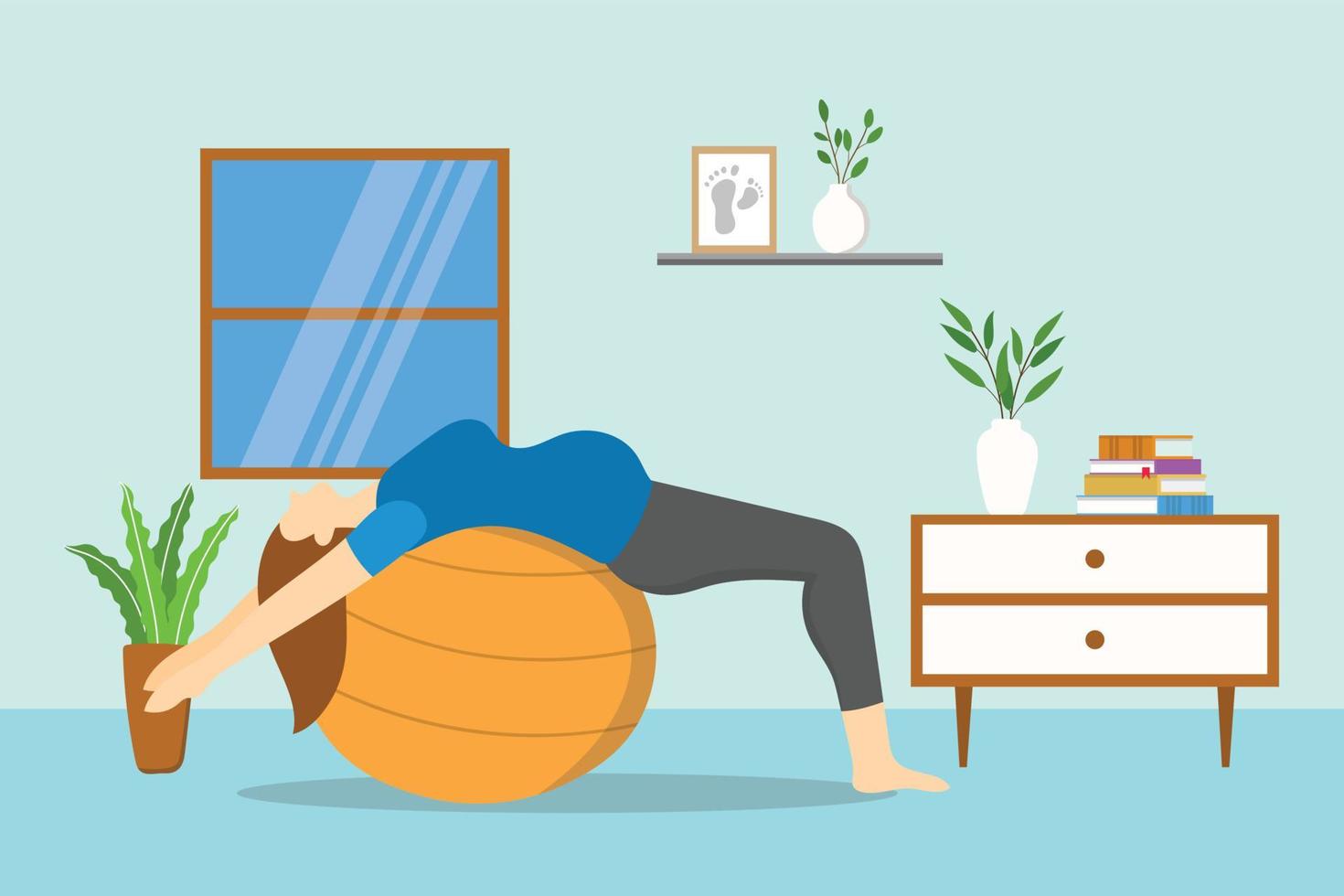 woman pregnant or pregnancy exercise with ball in home with modern flat style vector