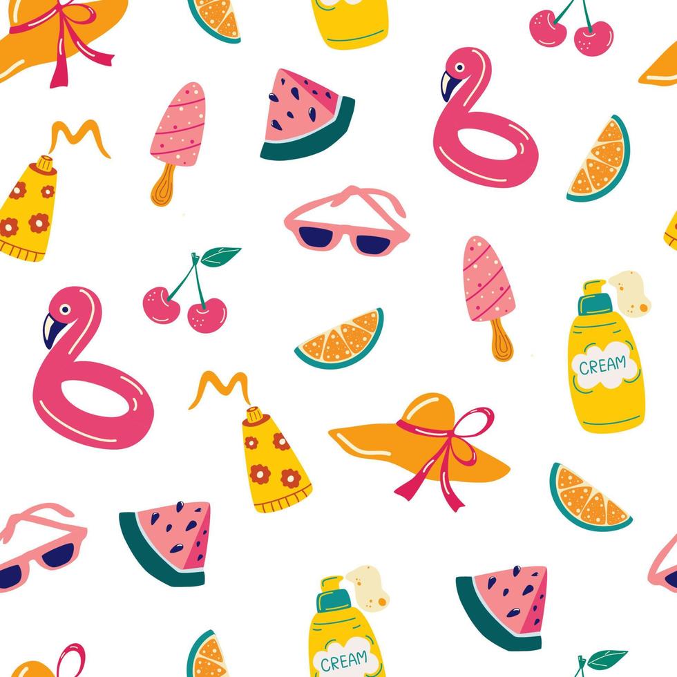 Summer seamless pattern. Beach accessories, ice cream, creams, fruit and hat. Perfect for textile, wallpaper and scrapbook. Vector cartoon illustration