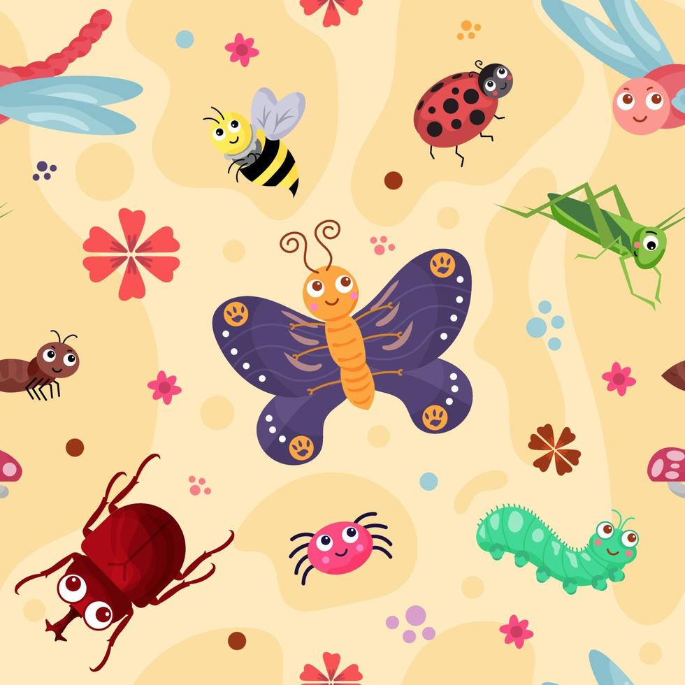 Cute Insects and Bug Seamless Pattern vector