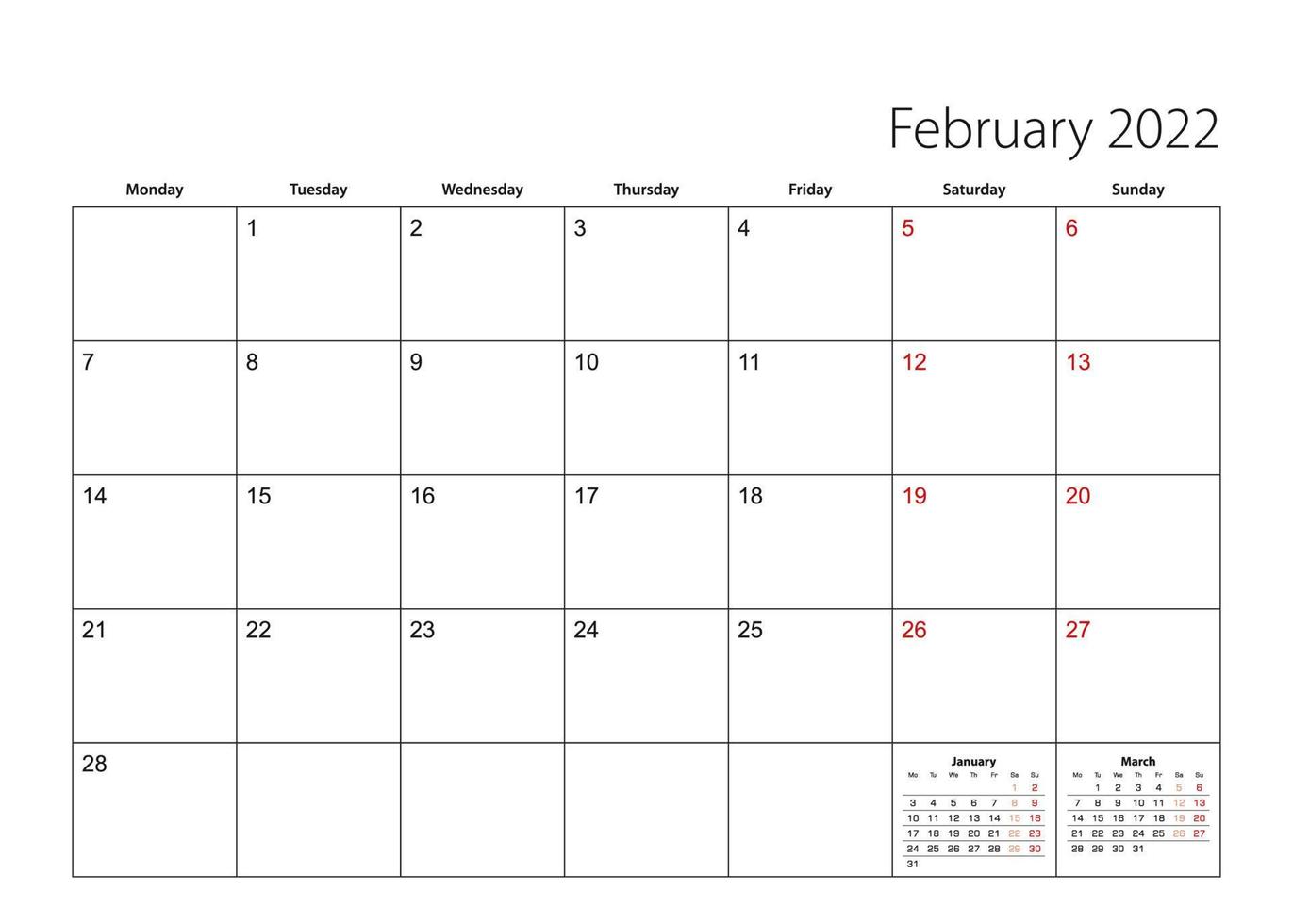 February 2022 simple calendar planner, week starts from Monday. vector