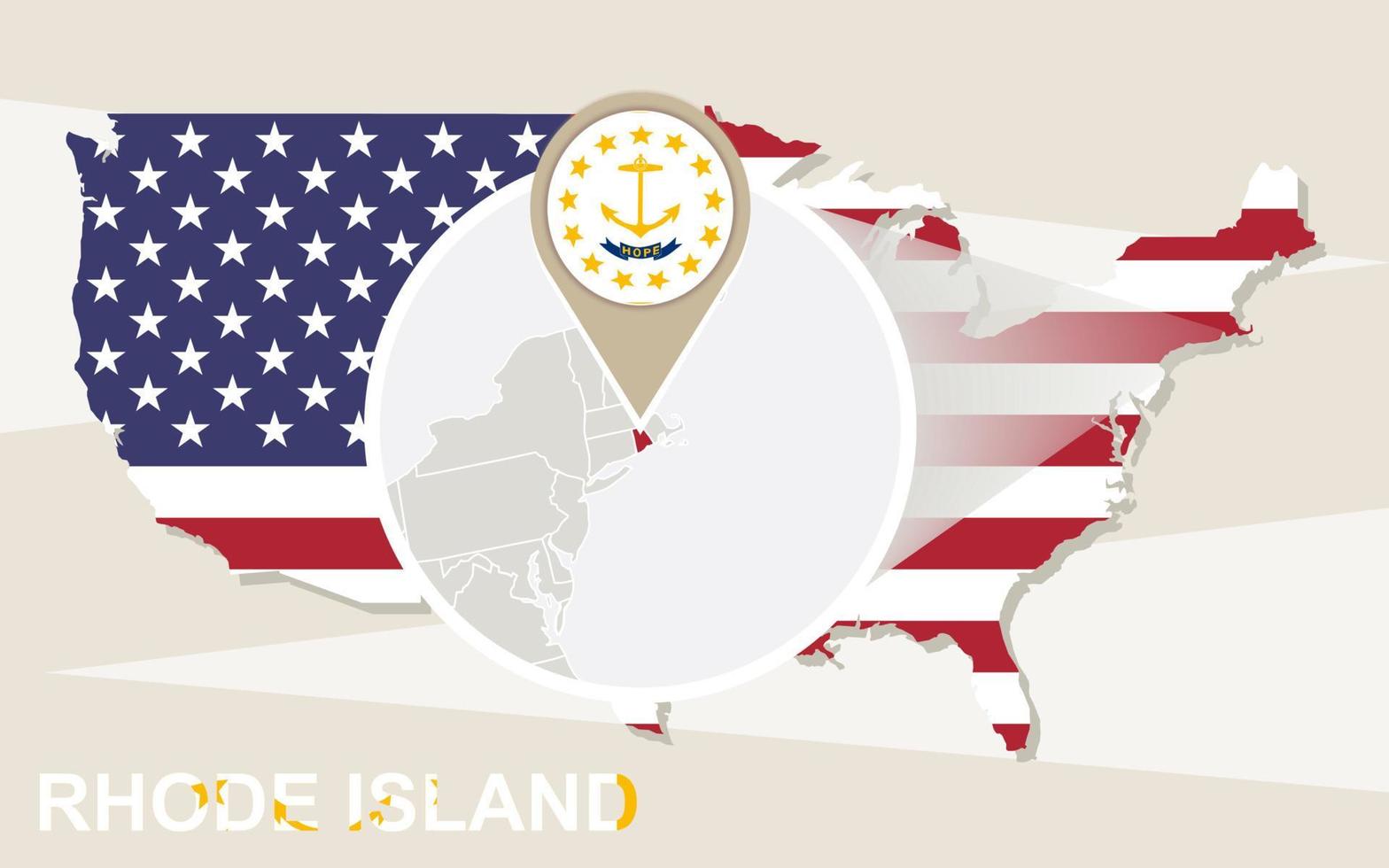 USA map with magnified Rhode Island State. Rhode Island flag and map. vector