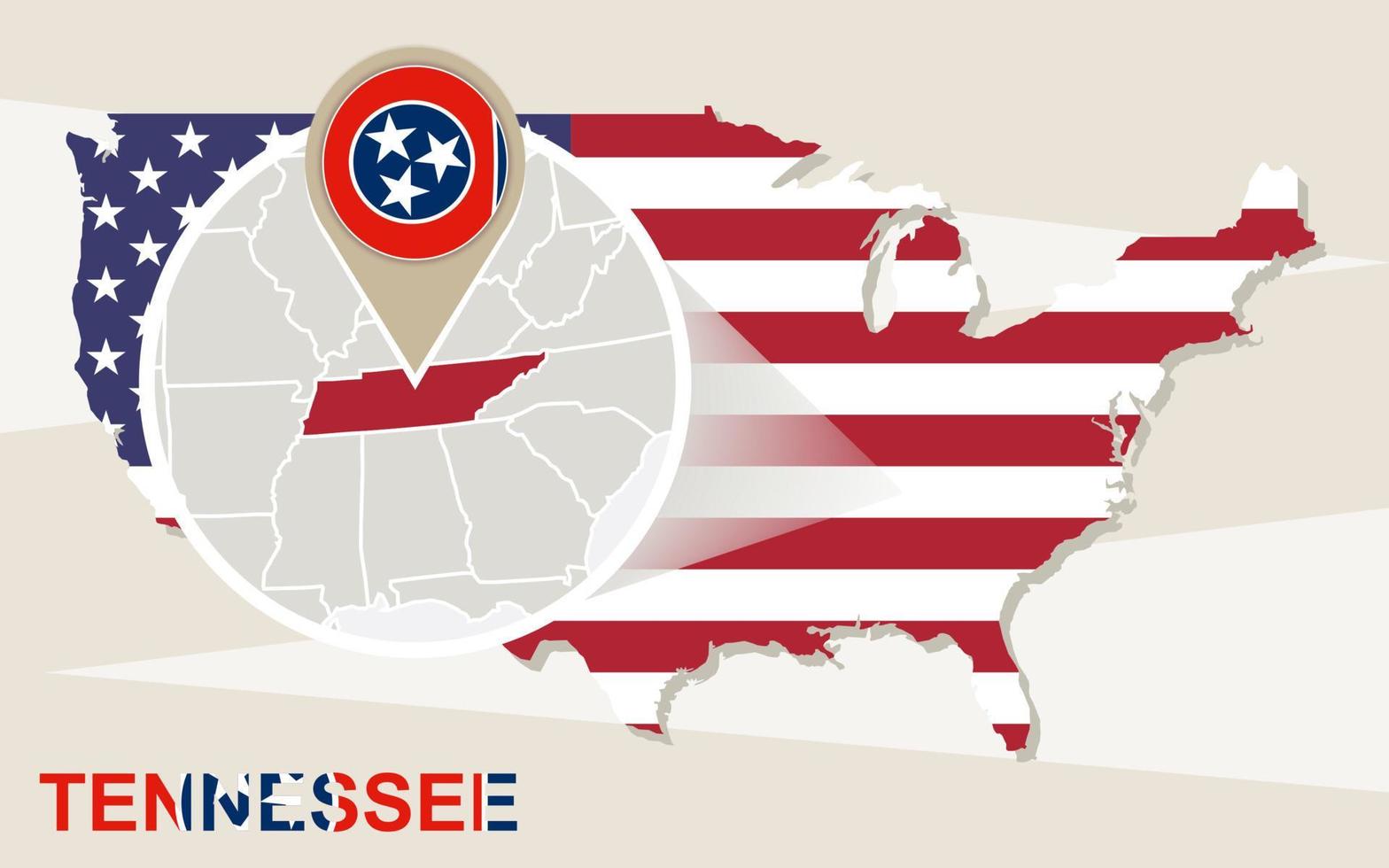USA map with magnified Tennessee State. Tennessee flag and map. vector