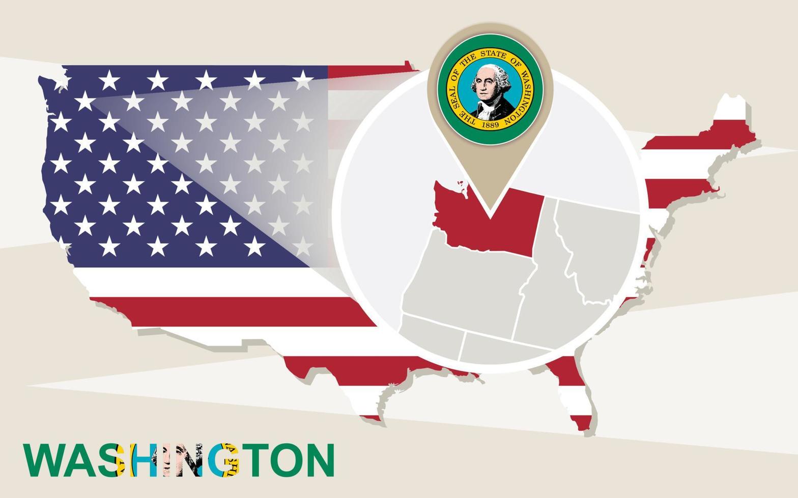 USA map with magnified Washington State. Washington flag and map. vector