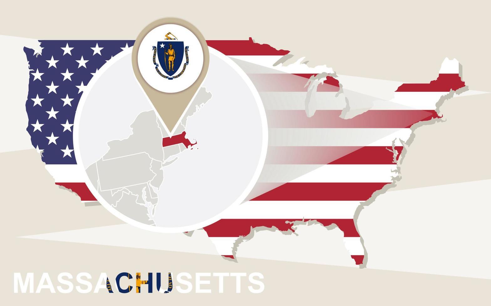 mapa de estados unidos con el estado magnificado de massachusetts. bandera y mapa de massachusetts. vector